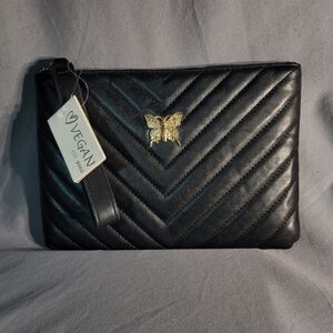 Vegan Black Clutch with Gold Butterfly Accent